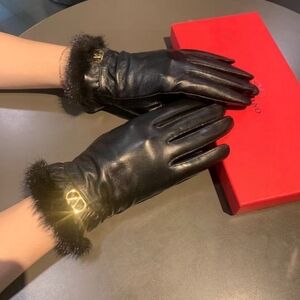 <AUTHENTIC>Valentino Fur-Cuff Leather Gloves Black